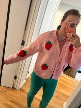 Source Unknown Pink Cardigan with Red Strawberry Appliqués